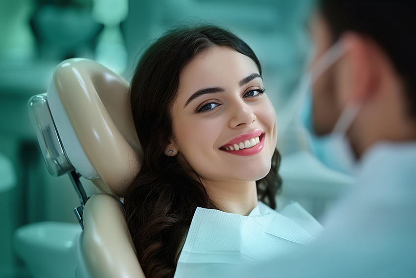 A smiling young woman with open mouth in a dental chair